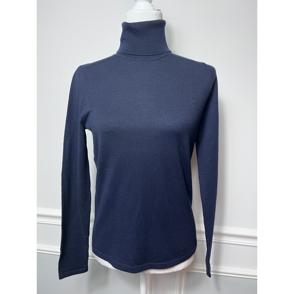 VTG Ralph Lauren LRL Turtleneck Sweater (S) Navy Merino Wool Cotton HK Academia